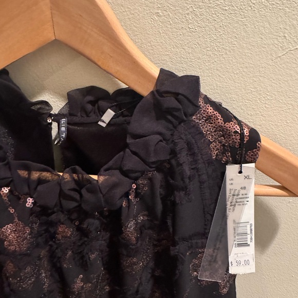 Elie Tahari Black and Brown Sequin ruffle neck Top - Picture 3 of 4